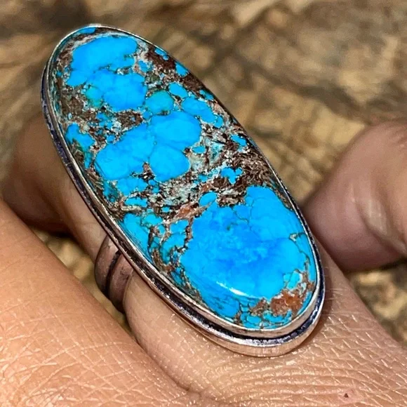 Oval Hubei Brown & Blue Turquoise Ring Size 7 - Picture 8 of 9